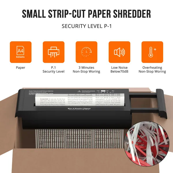 Compact Paper Shredder, 6-Sheet Strip Cut