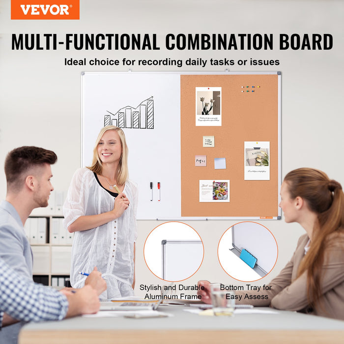 Whiteboard and Cork Board Combo, 48 x 36, Aluminium Frame